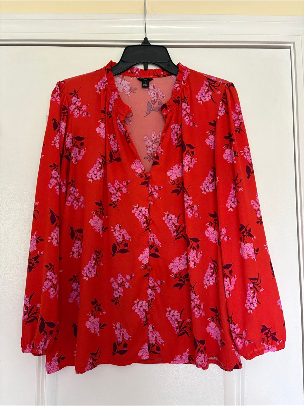 Ann Taylor Red Blouse with Pink Floral Pattern
